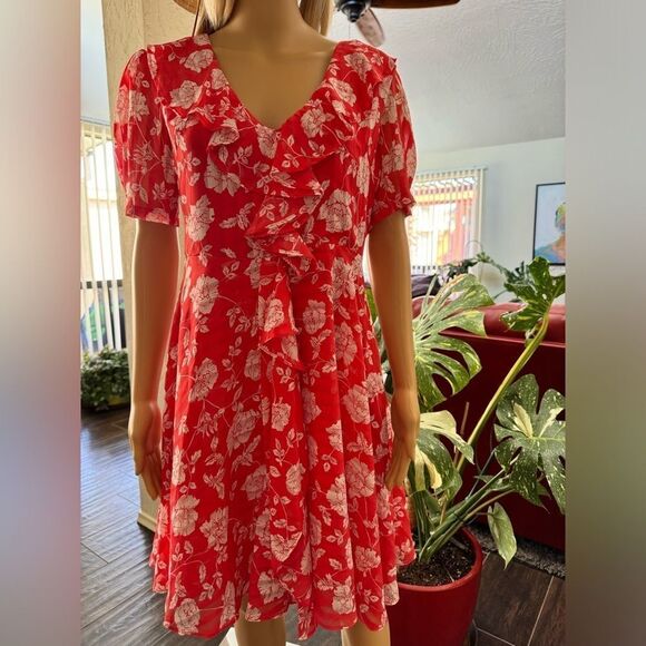 Lulu’s Ximena Coral Red Floral Print Ruffled Short Sleeve Mini Dress sz M EUC - Picture 12 of 16